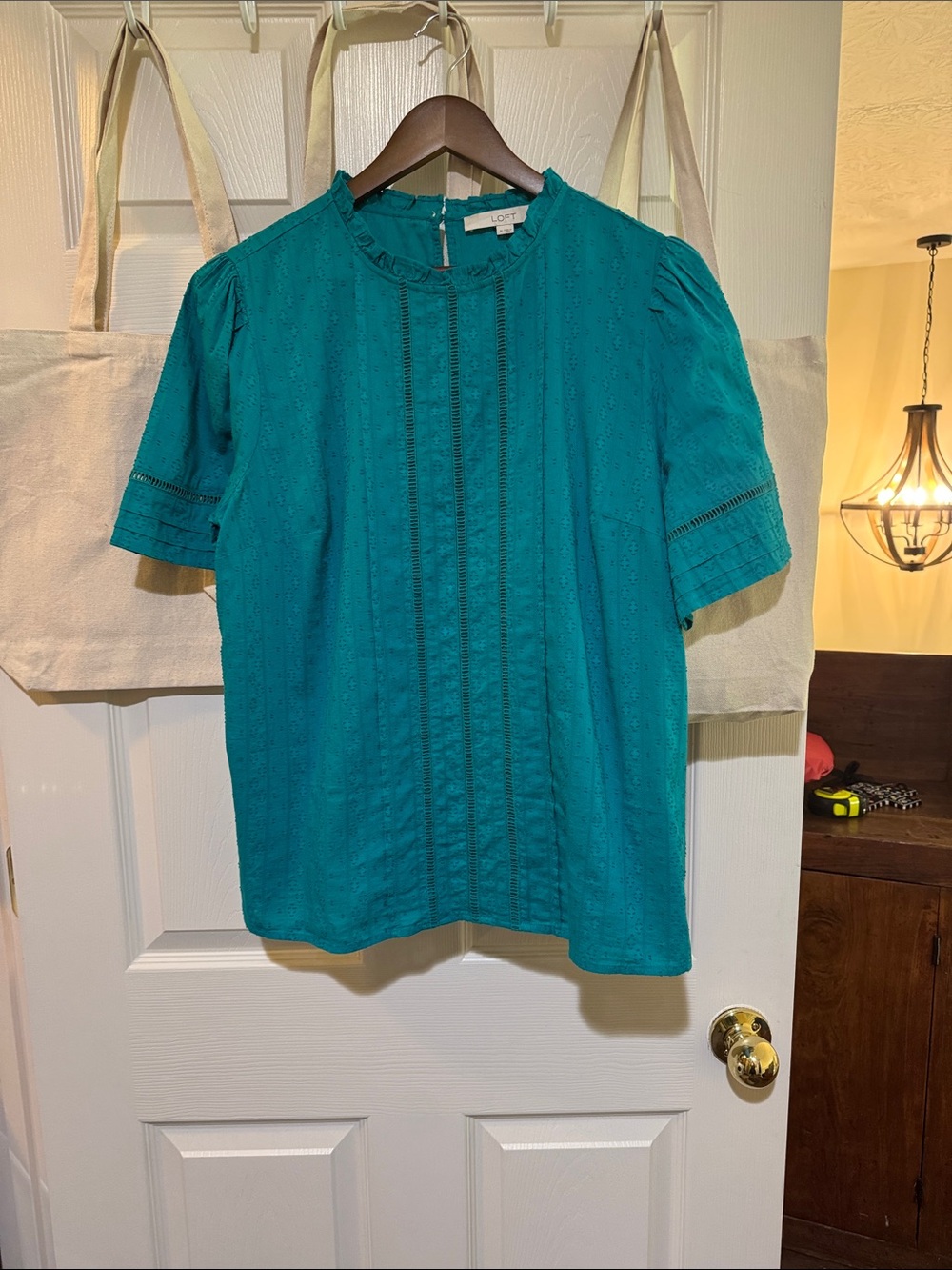 LOFT Teal Eyelet Pintuck Short Sleeve Top with Ruffle Neck